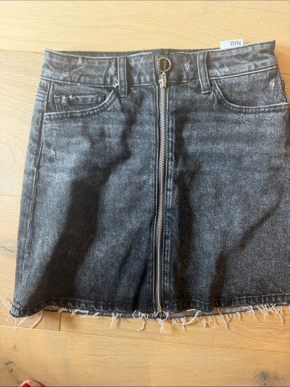 PAIGE Black Washed Denim Mini Skirt with Front Zip